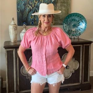 J.CREW V- back LINEN tie back BUTTON DOWN pink Blouse,Sz-6, Excellent Condition